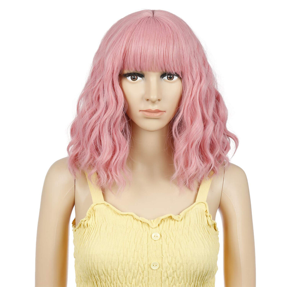Pink Short Curly Bob Wig with Bangs Heat Resistant Adjustable Fit for Women Cosplay