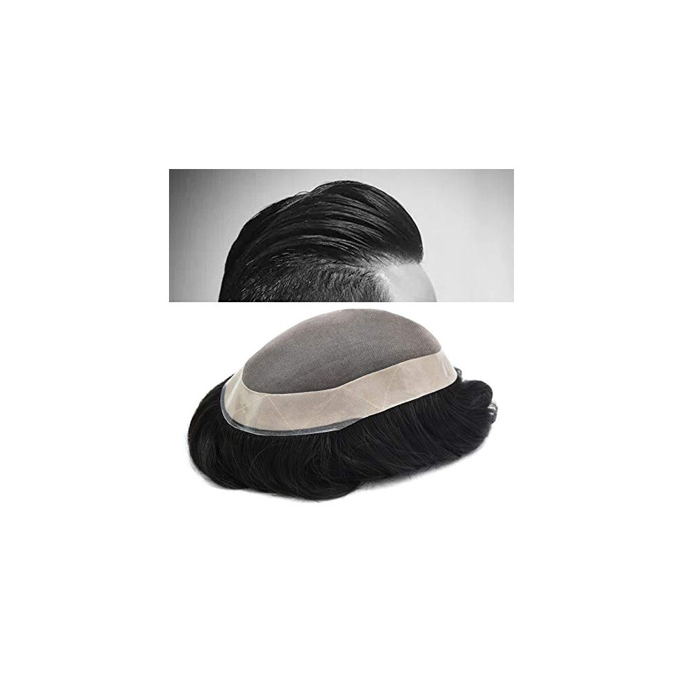 Unisex Black Mens Toupee Hair Replacement System With Fine Mono Base, Poly Perimeter, 8X10 Off Human Hair