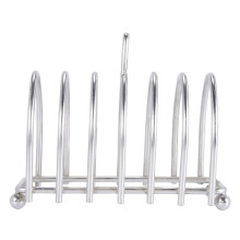 Soporte para tostar pan de 6 rebanadas, de acero inoxidable, con patas esféricas y asa de transporte.