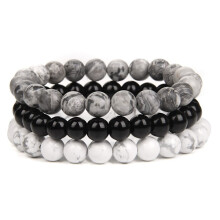 8mm Natural Stone Bracelet Set Men Women Pink Rhodonite Quartz Black Onyx Stackable Wrist Beads Mala Charm Bracelet 3PCS (White)[ch]