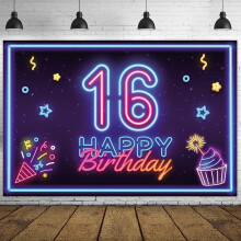 Neon Happy16Birthday-bannerbakgrunn, diskodans- og glødende festdekor til Sweet16, glittertemautstyr for gutter, jenter, menn og kvinner