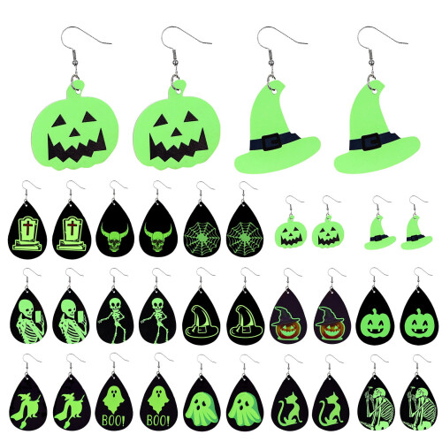 Φωτεινά σκουλαρίκια Halloween με κολοκύθα και μάγισσα, αστεία δερμάτινα σκουλαρίκια, 1