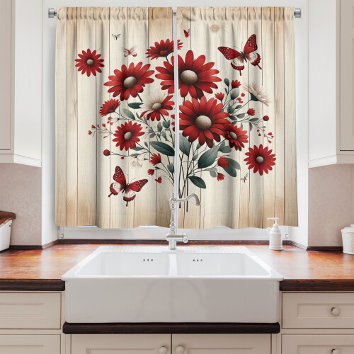 Ambesonne Rustic Kitchen Curtains, Warm Tone Botanical Design, 55"x45", Red Blue Grey and Eggshell 1
