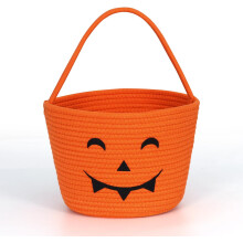 Vedro na halloweenske cukríky, prenosný košík na koledovanie s rozmermi 8x9 palcov, tkaný košík s úsmevom z bavlneného lana, oranžový