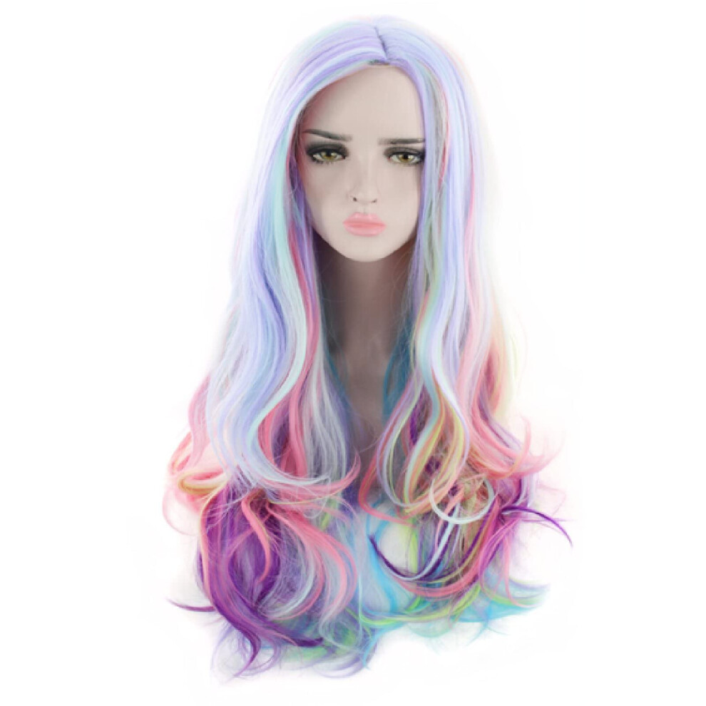Unisex Headband Wig Long Curly Rainbow Hair, No Glue Heat Resistant Synthetic Wig For Cosplay Parties 28'