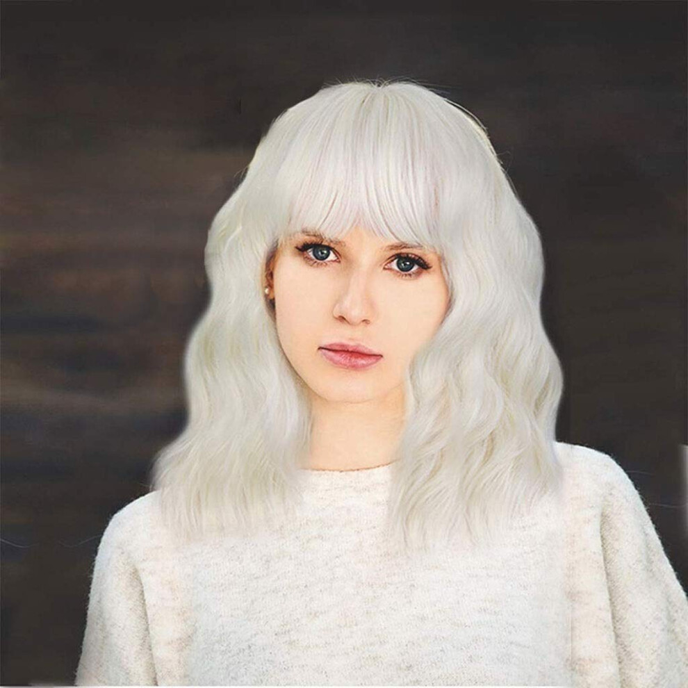 White Curly Wig with Bangs Heat Resistant Synthetic Wavy Bob for Women Cosplay and Daily Wear