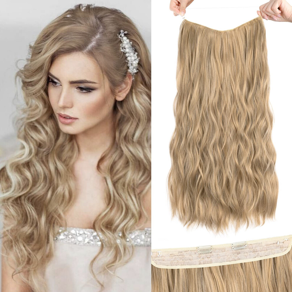 Unisex 24 Inch Halo Hair Extensions With Adjustable Headband, Curly Wavy Invisible Wire Hairpiece, Medium Blonde Mix