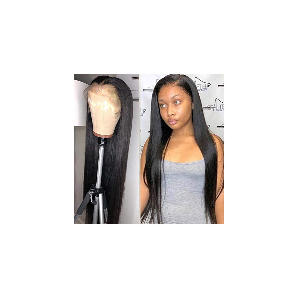 Unisex 28 Inch Brazilian Straight Lace Front Human Hair Wig Glueless Pre Plucked Natural Hairline