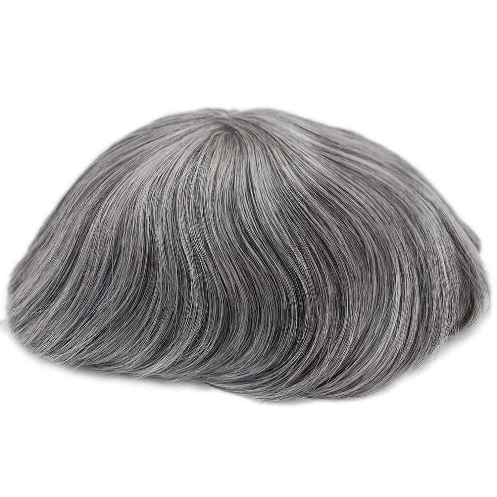 Unisex Black,Grey Men's Toupee Human Hair Hairpiece With Natural Hairline, 1B60 Black Mixed Grey, Medium Density