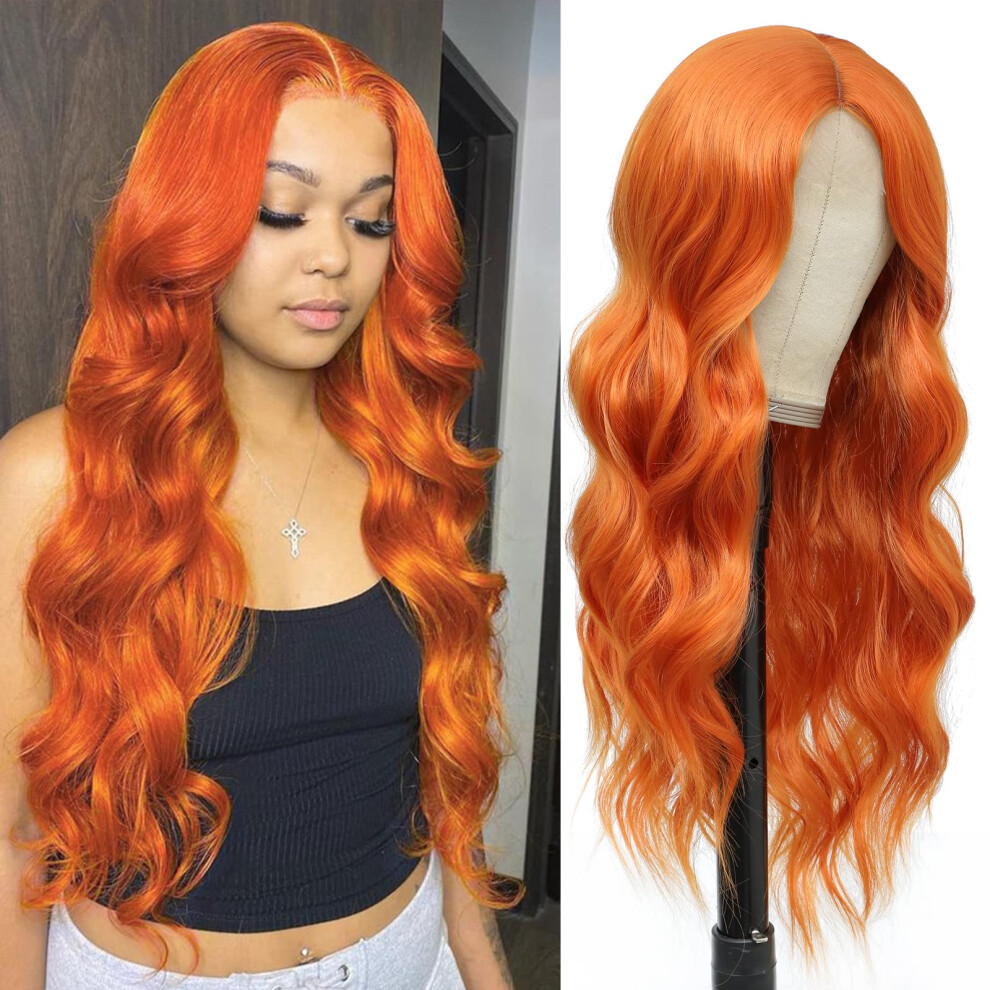 Unisex Orange Long Wavy Ombre Synthetic Wig With Heat Resistant Fibers And Middle Part For Women