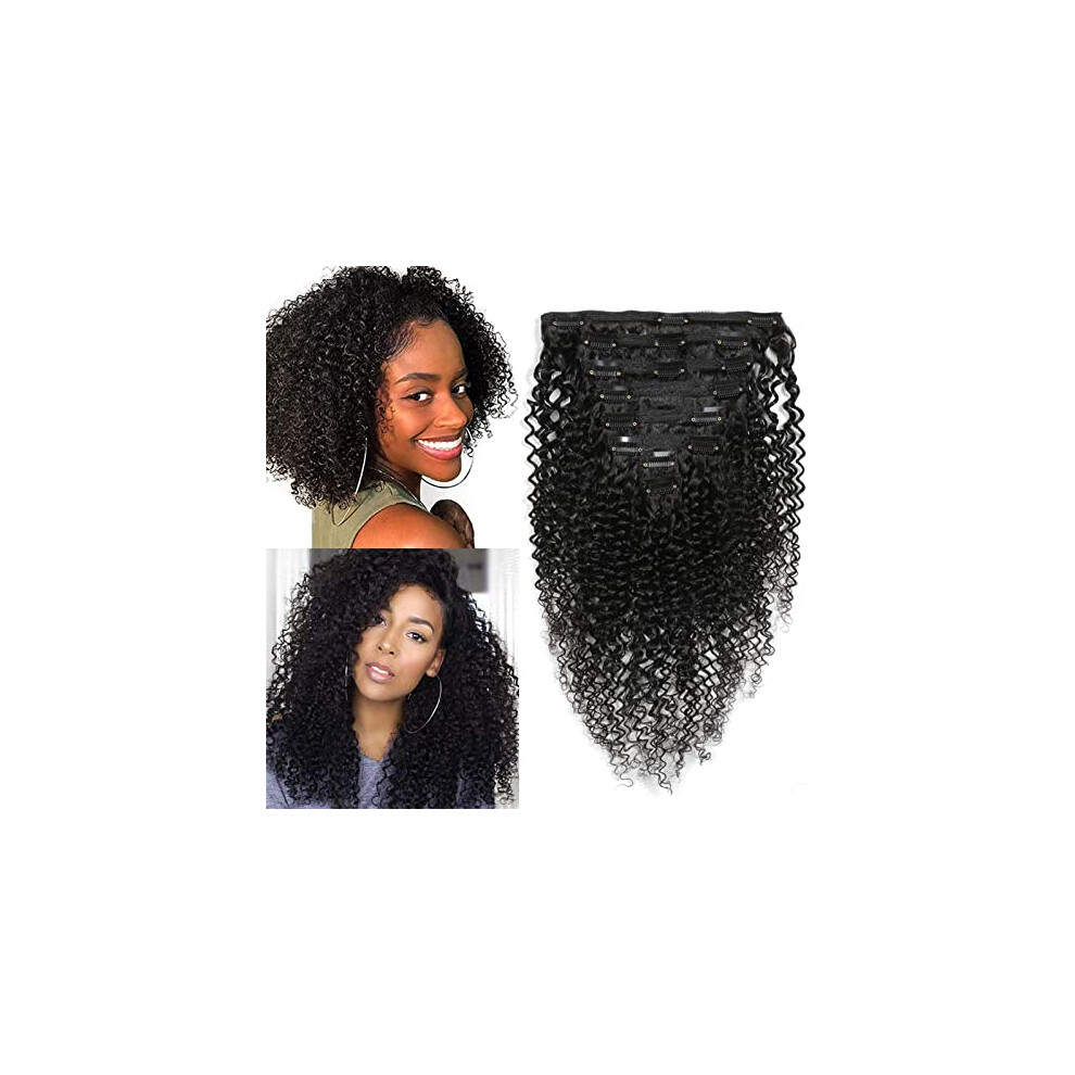 Kinky Curly Clip In Hair Extensions Human Hair 8Pcs 120g 16 Inch Natural Black for Black Women