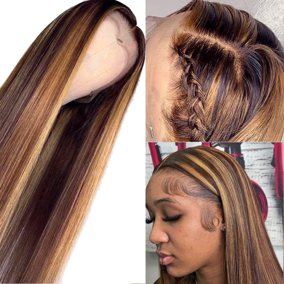 Unisex Brown 26 Inch Honey Ombre Highlight 13X4 Lace Front Human Hair Wig Pre Plucked Brazilian Virgin Hair