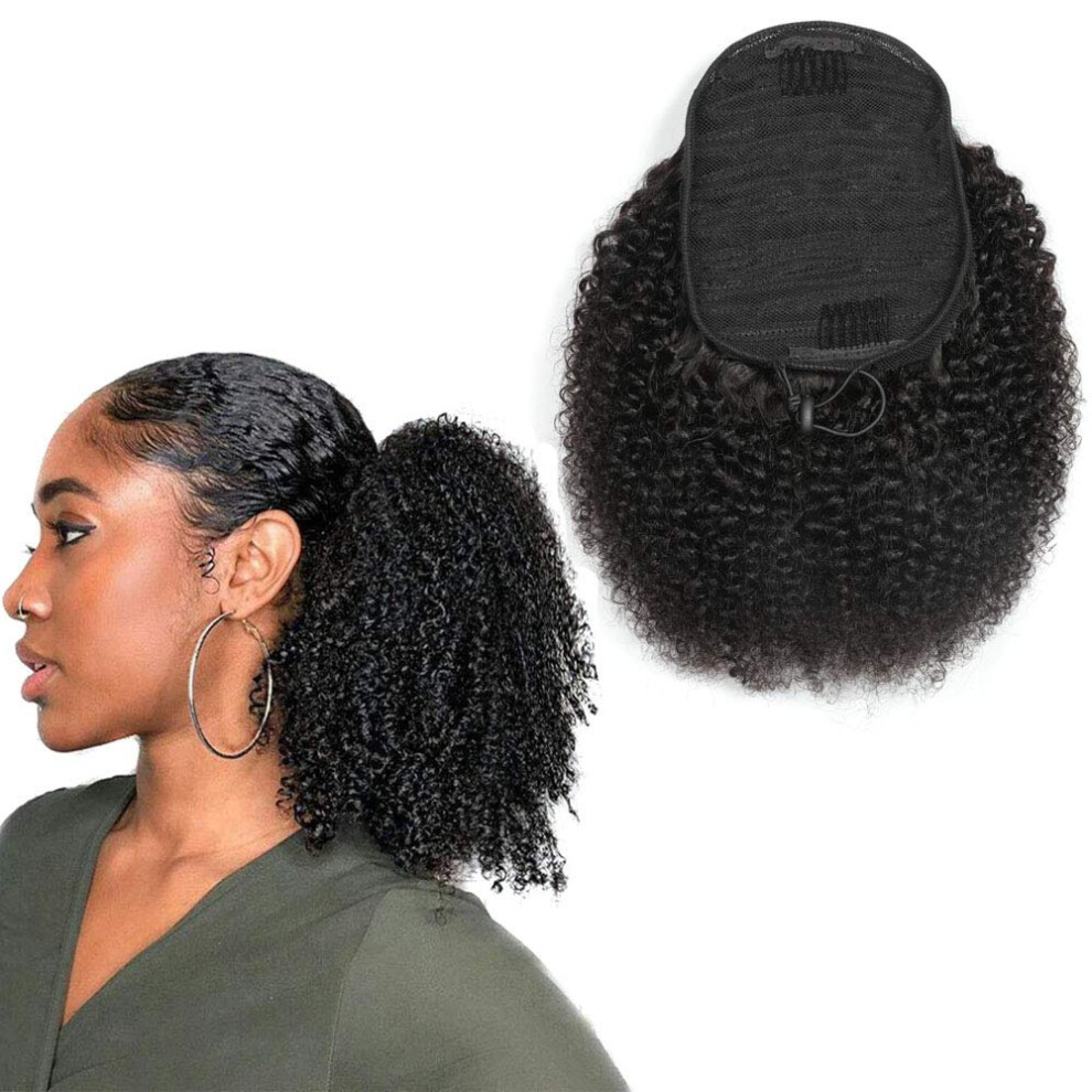 Unisex 10 Inch Afro Kinky Curly Human Hair Ponytail Extensions Remy Clip In Drawstring Natural Look