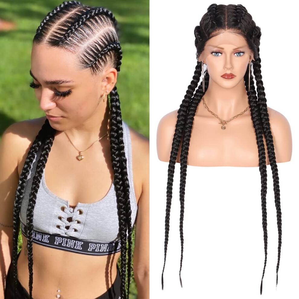 36 Inch Lace Front Box Braids Wig with Baby Hair, Cornrow Double Dutch Braided Black Twist Hair