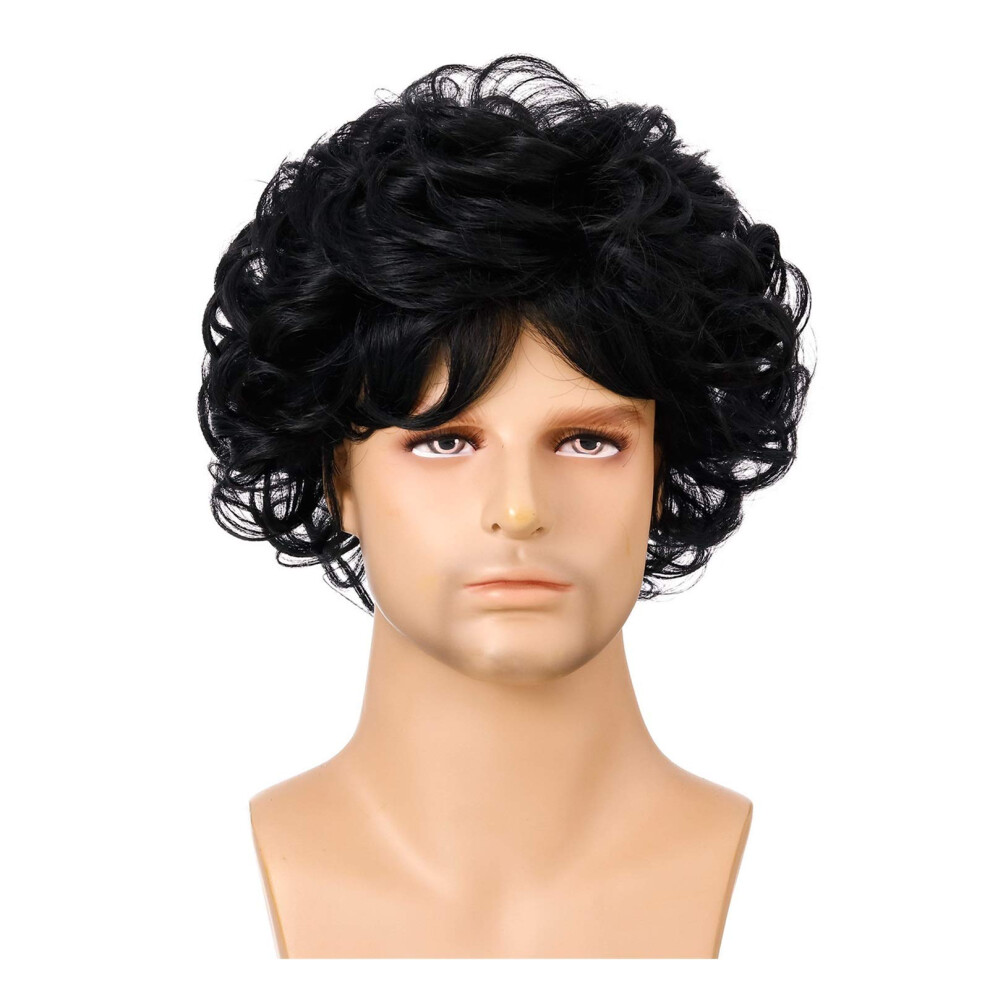 Unisex Black Short Wig For Men Halloween, Fluffy Curly Synthetic Hair With Natural Look And Adjustable Fit