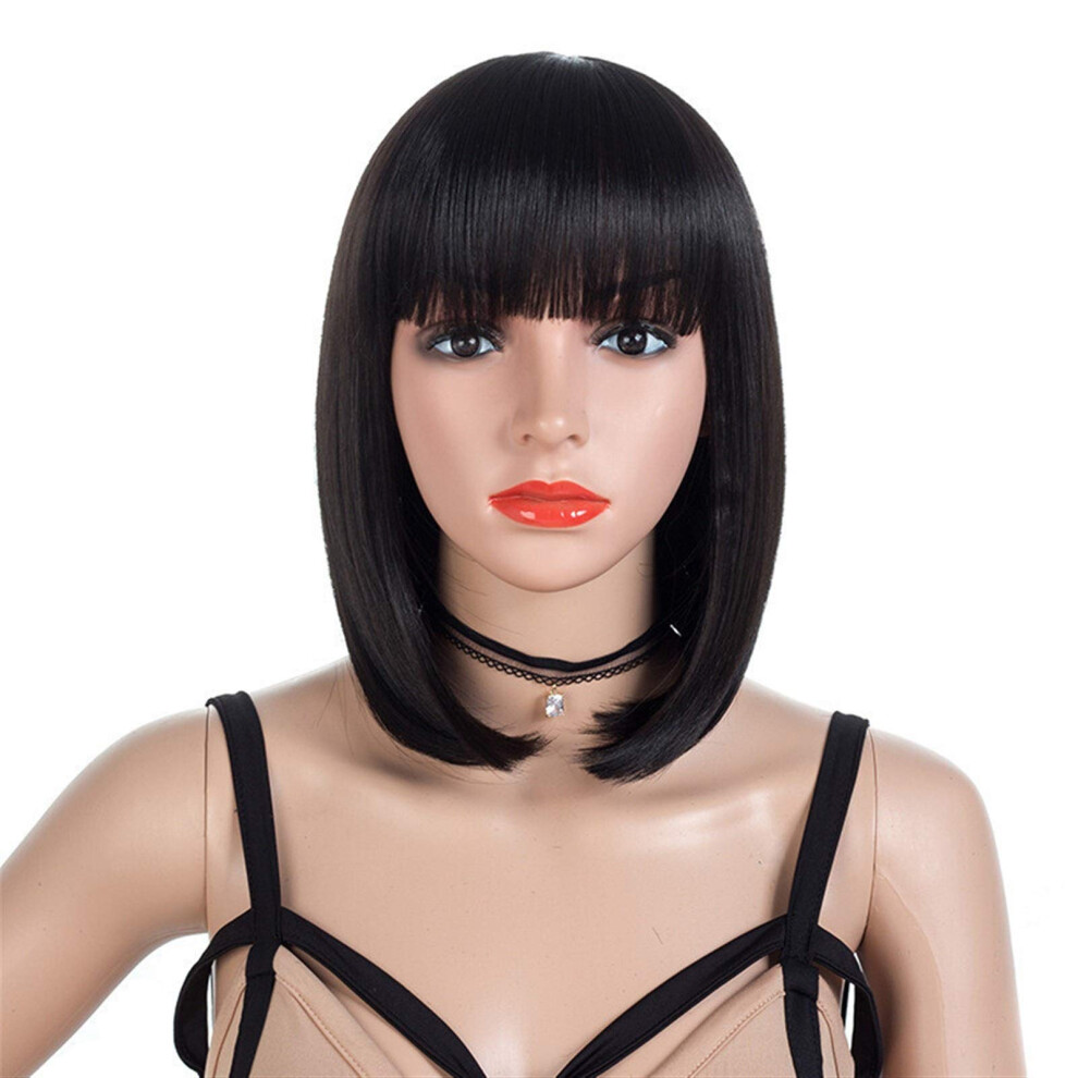Unisex Brown Synthetic Wig With Bangs, Short Straight Shoulder Length 14 Inch Blunt Cut Cosplay Hair