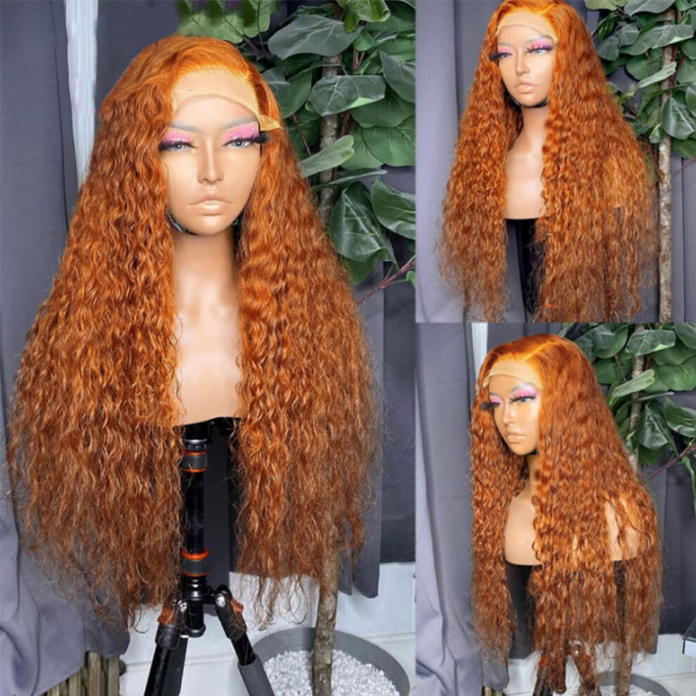 28 Inch Ginger Orange Curly Human Hair Lace Front Wig Pre Plucked Hairline 150% Density