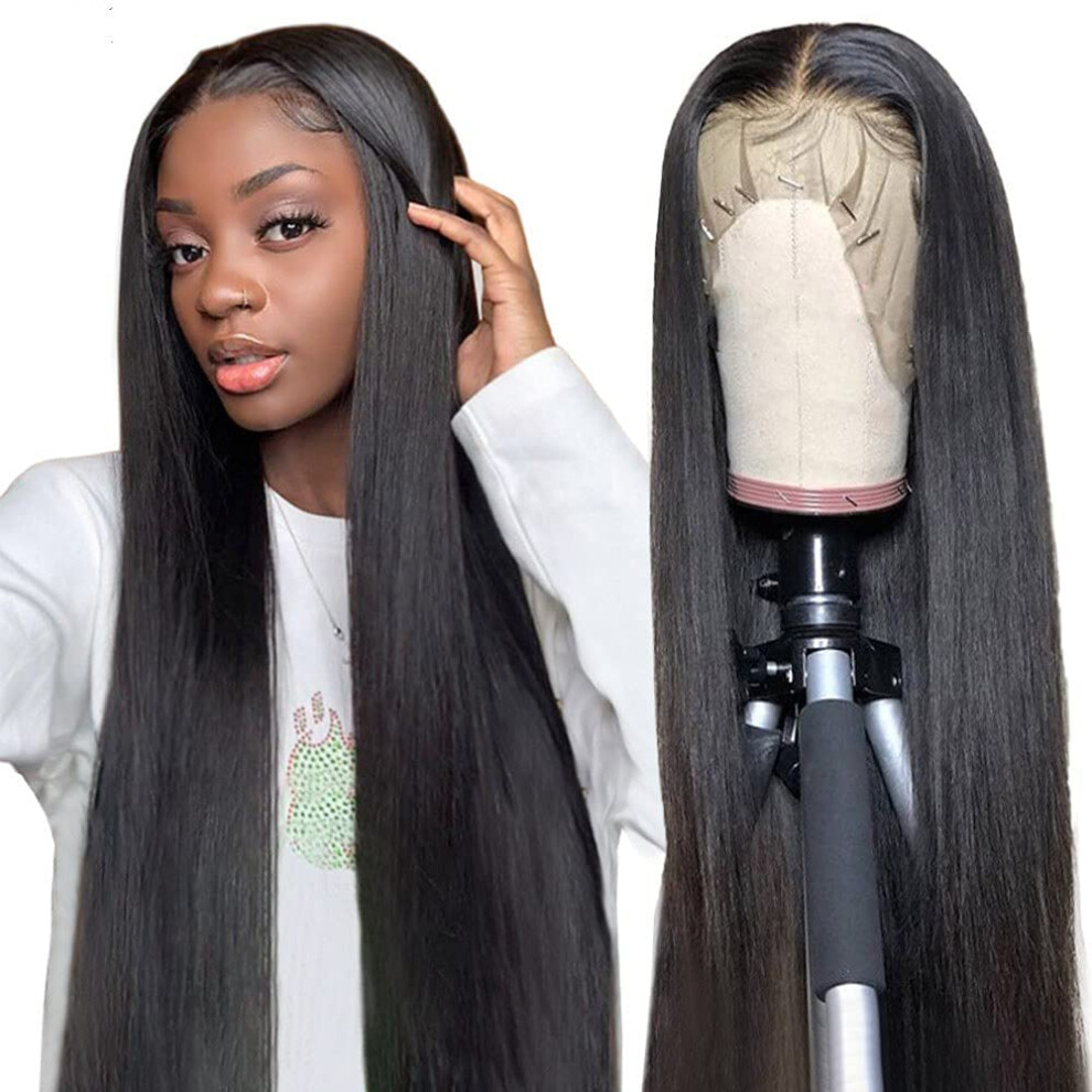 32 Inch Bone Straight Human Hair Lace Front Wig Natural Black 180% Density Preplucked Hairline