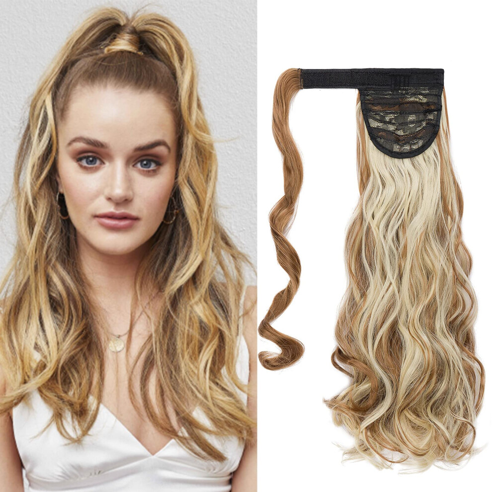 Unisex Dark 50Cm Wavy Ponytail Hair Extension Clip In Blonde Bleach Blonde Heat Resistant Hairpiece