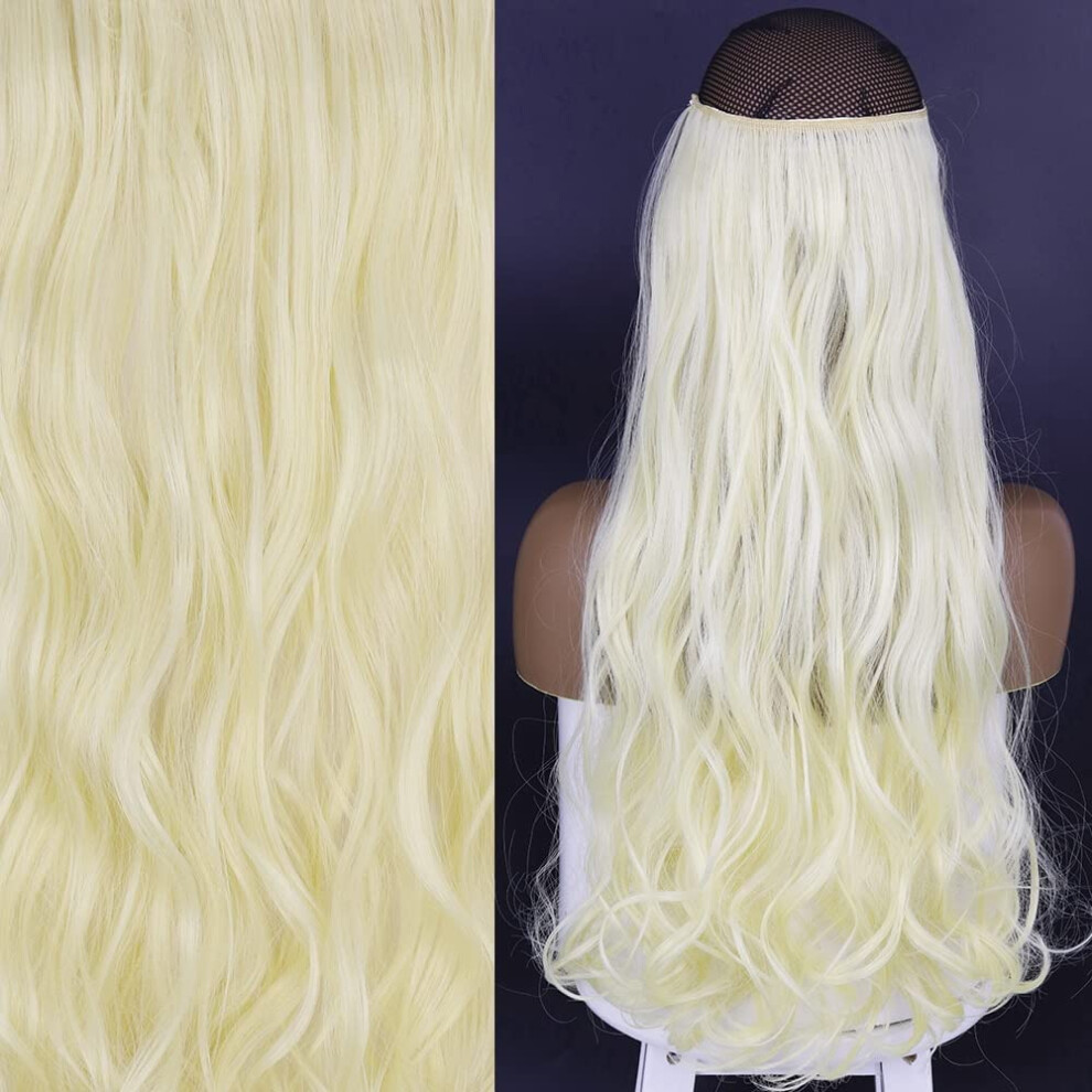 Unisex Black Hair Extensions With Invisible Wire And Clip In Bangs, Synthetic Halo 16In Natural Blonde