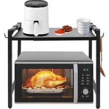 Standing Baker's Racks, Expandable Microwave Oven Rack, Adjustable Shelf for Kitchen Counter, 6 Hooks, 66.14lbs Capacity, Black