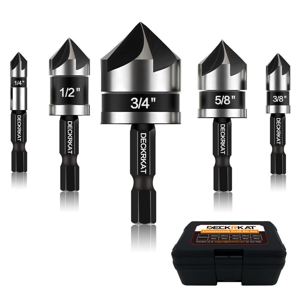 5 Pcs Hss Countersink Drill Bit Set 82 5 Flute 1/4 Inch Hex Shank For Metal Wood Plastic 9099447260321