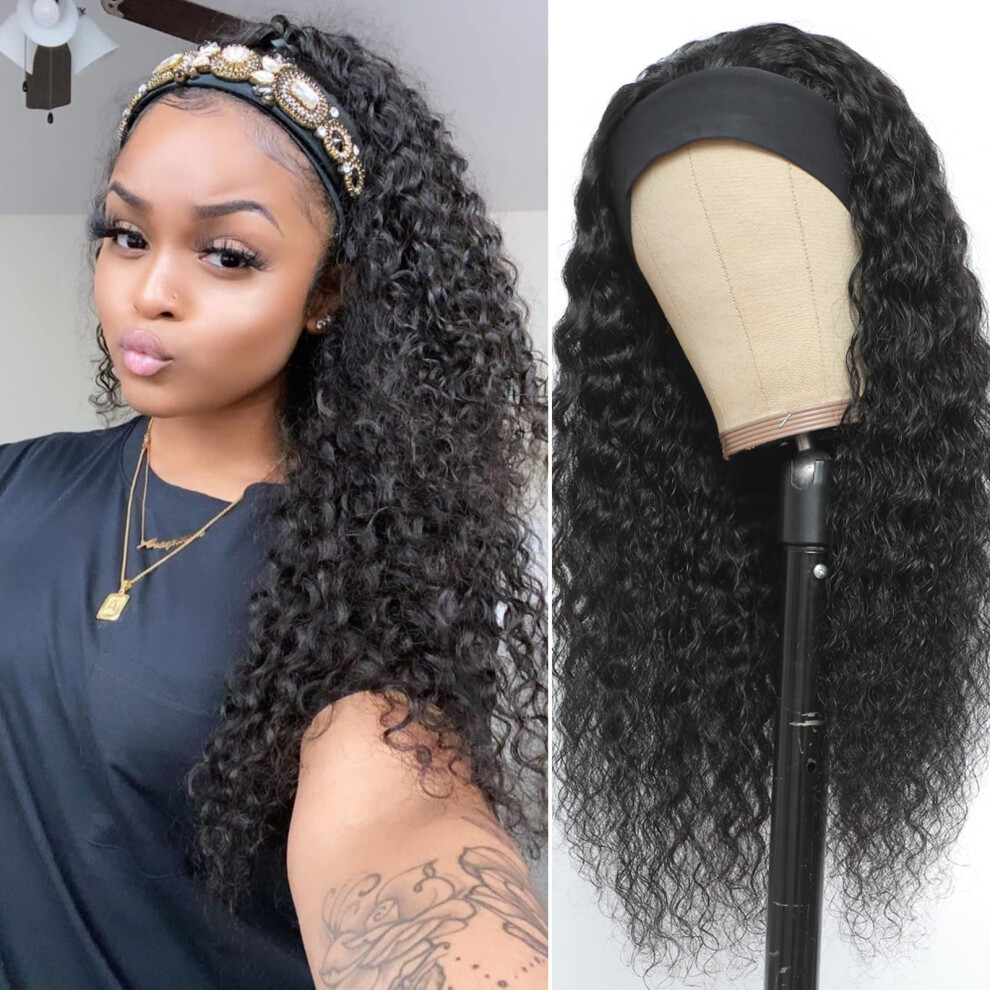 Headband Wig Water Wave Human Hair 8 Inch Glueless Wet and Wavy 180 Density for Black Women