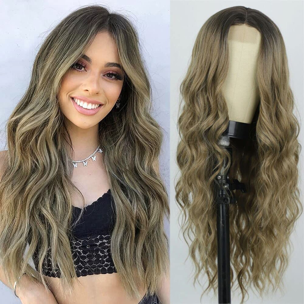 Unisex Brown Long Ombre Wig For Women Light Synthetic Wavy Hair Middle Part Readytowear