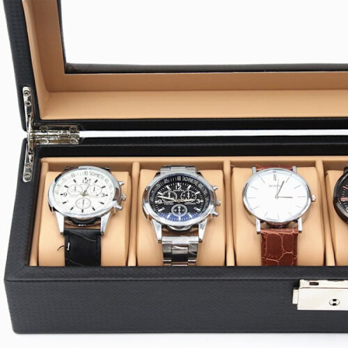 Watch box6watches - Πολυτελές μοντέλο σε μαύρο ανθρακονήματα με ανοιχτό καφέ εσωτερικό 1