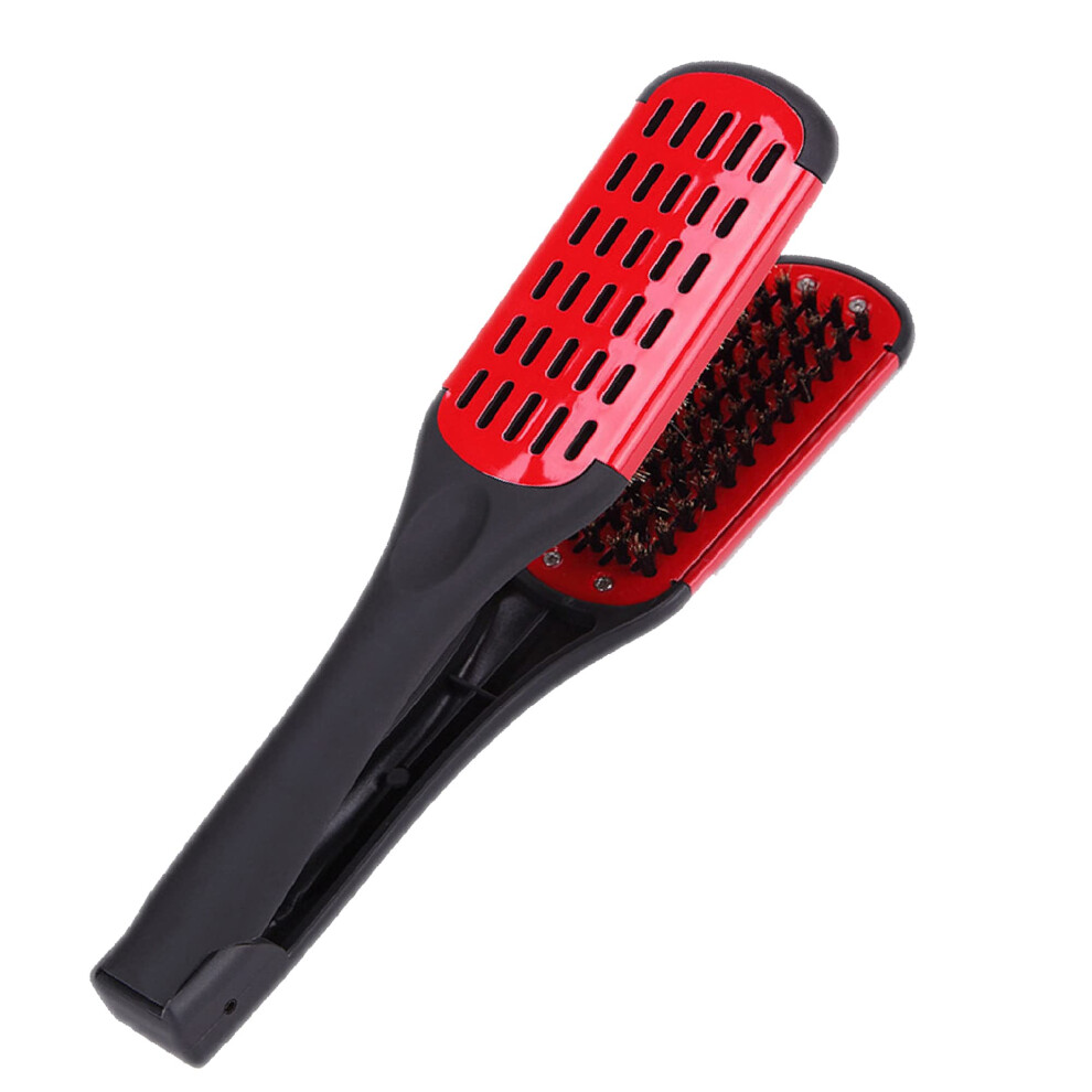 Boar Bristle Hair Straightener Brush Double Sided AntiStatic Styling Comb for Frizz Control Red