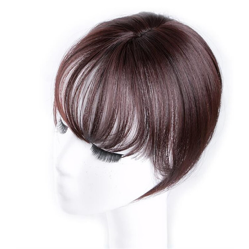 8 Inch Dark Brown Human Hair Wig with Clip On Bangs, Natural Fringe for Women
