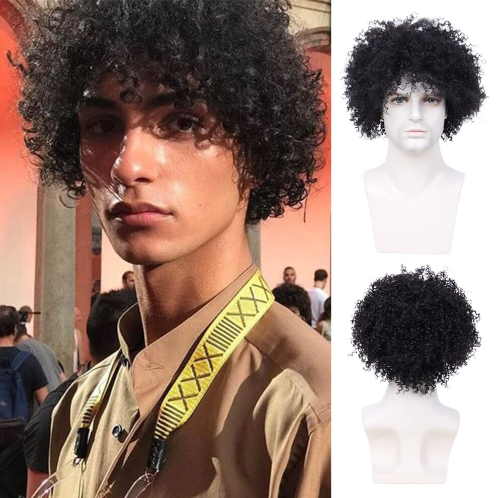 Unisex Black Short Kinky Curly Afro Wig For Men Human Hair With Bouncy Spiral Curls Natural 8 Inch
