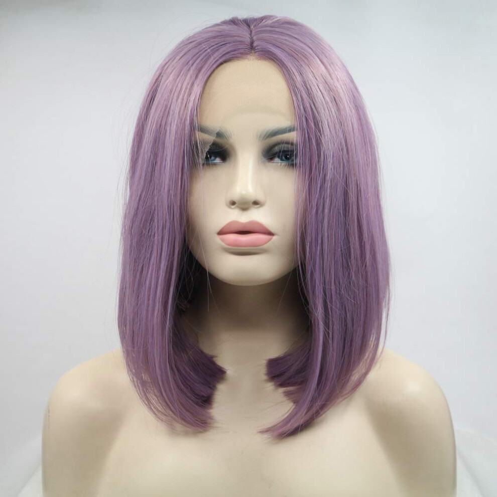 Purple Lace Front Wig Short Bob Heat Resistant Fiber Pastel Lavender Synthetic for Cosplay