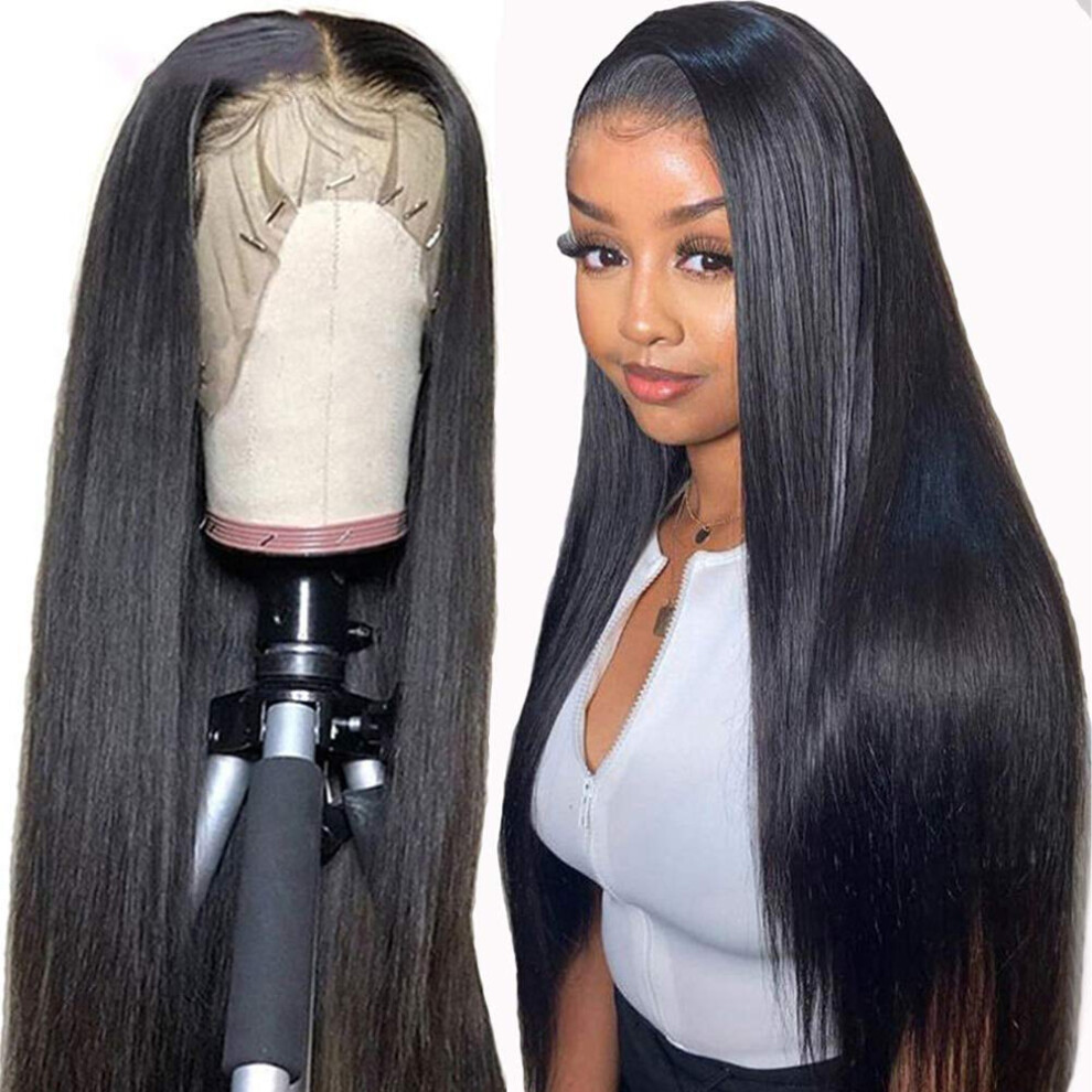 Unisex Black Silky Straight 13X6 Lace Front Human Hair Wig Pre Plucked Brazilian Wig For Women 22' Jet
