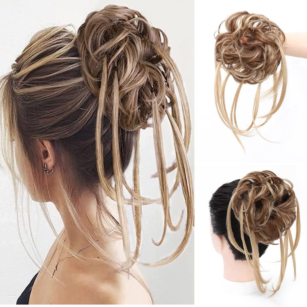 Unisex Brown Messy Bun Hair Piece Synthetic Hair Bun Extension Wavy Curly Elastic Scrunchie Mix Ash Blonde
