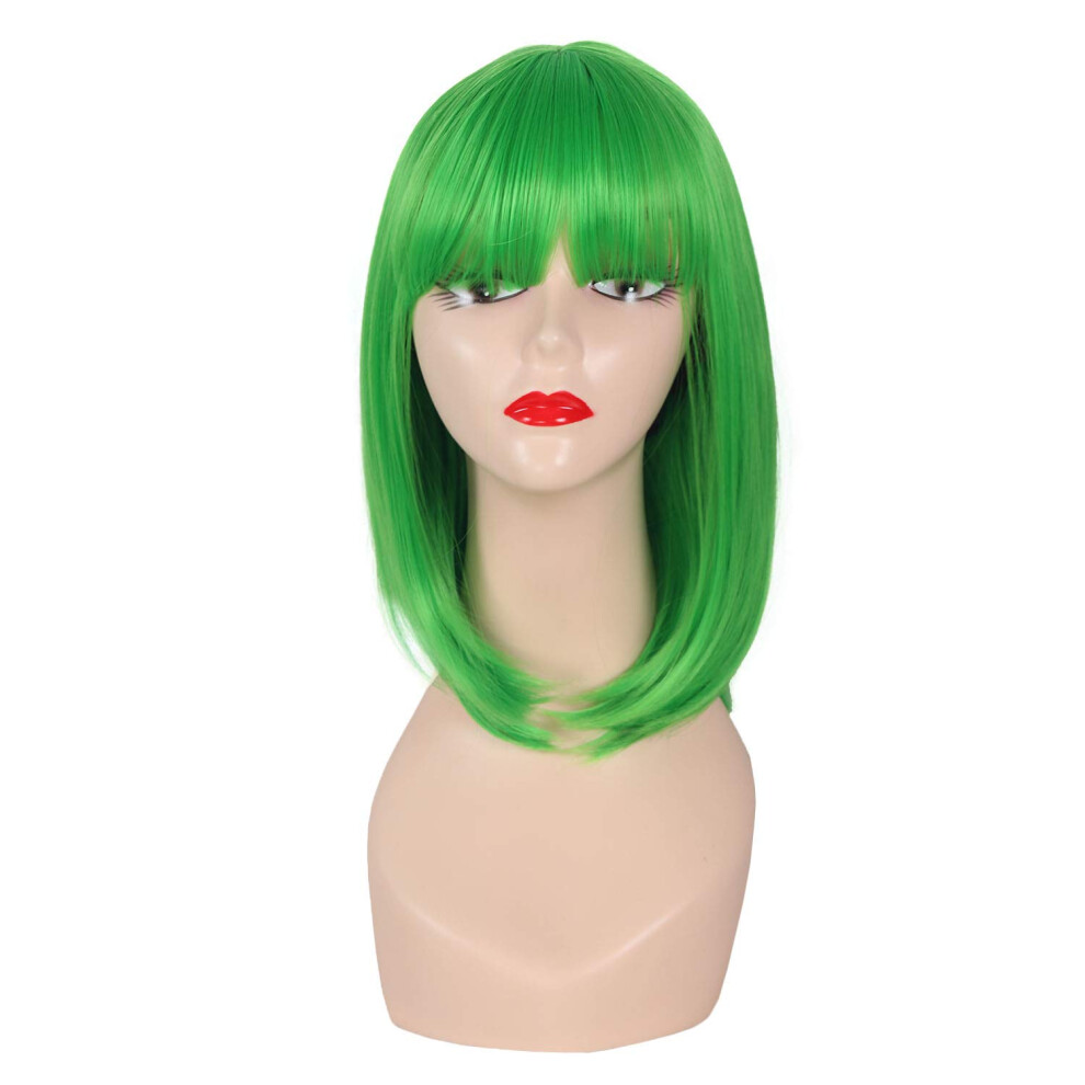 Unisex Green Short Bob Wig With Bangs For Women Synthetic Hair Cosplay And Daily Wear