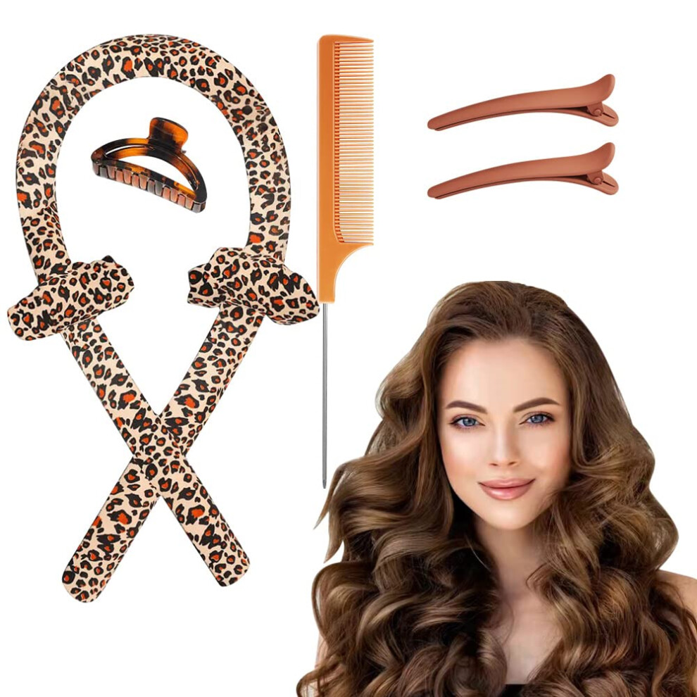 Heatless Hair Curler Set, Silk Curling Rod Headband for Overnight Curls, Leopard Styling Kit
