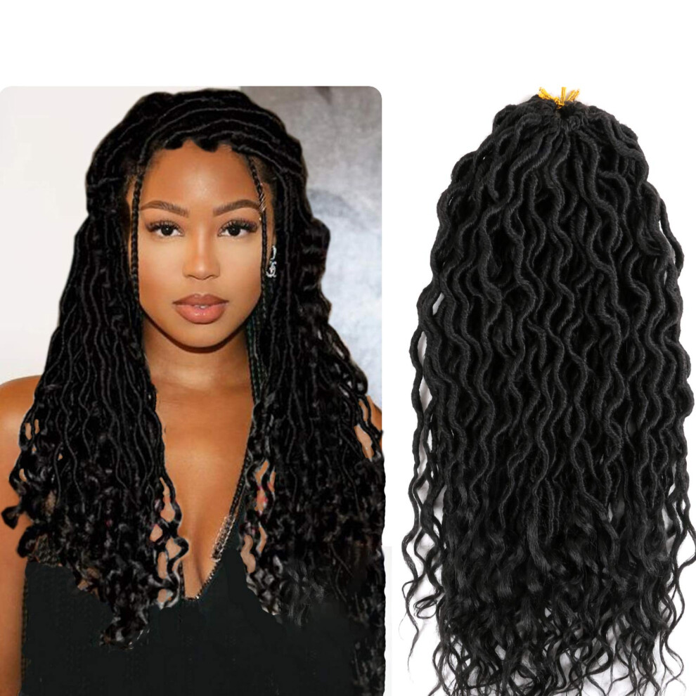 Unisex 6 Packs 18 Inch Goddess Faux Locs Crochet Hair For Women Pre Looped Soft Wavy Curly Ends Synthetic Extensions (#1B)