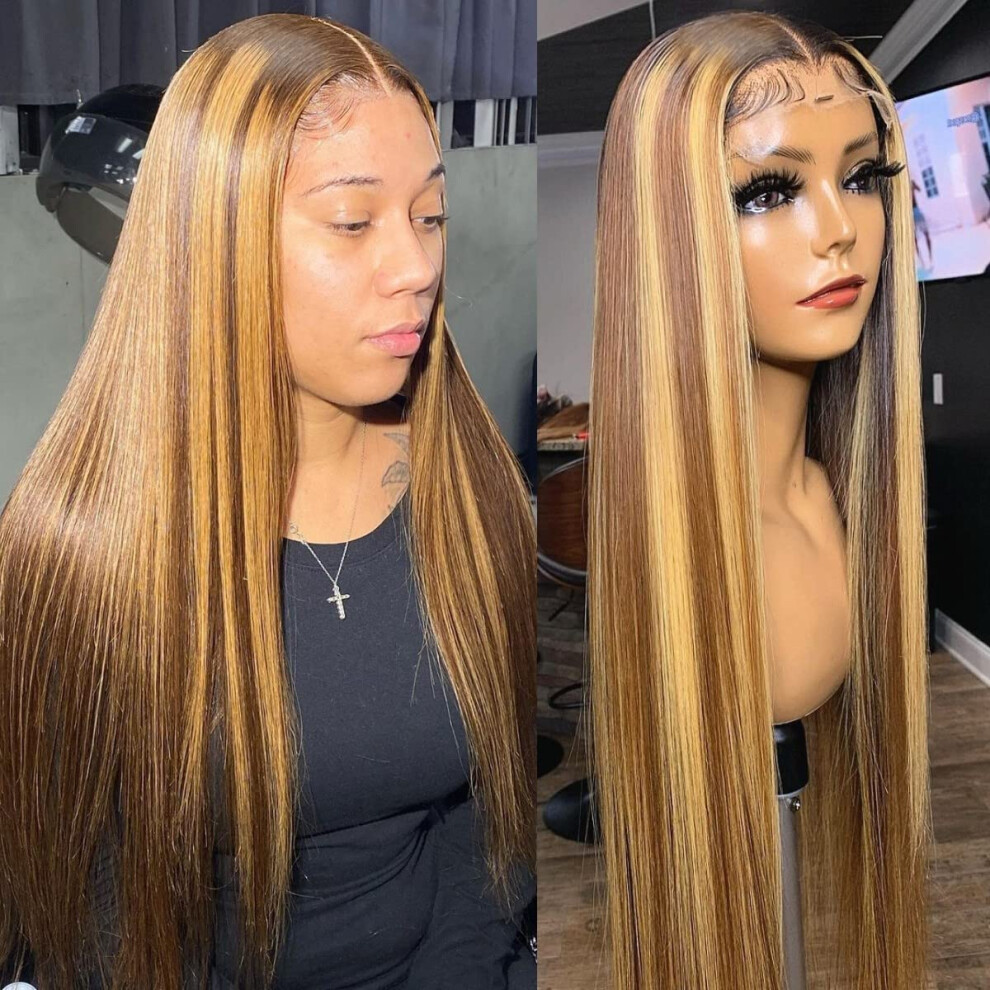 13x6 Transparent Lace Front Human Hair Wig, 427 Highlight Straight, Pre Plucked 150% Density 20'