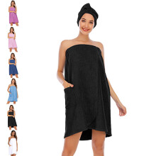 Absorbent Microfiber Spa Bath Wrap Set with Hair Drying Turban for Women, Soft Fleece Terry Robe & Towel Tube Dress (2XL, Black)