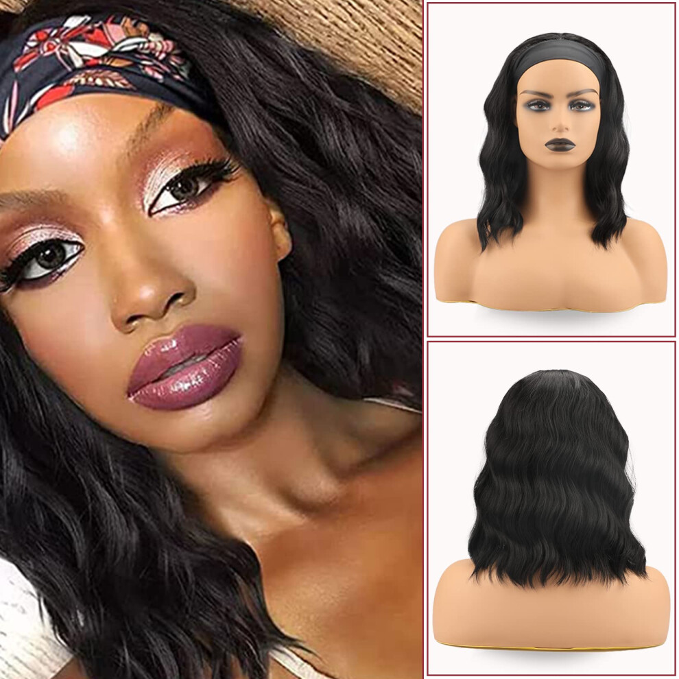 Unisex Black 14 Inch Curly Headband Wig For Women Glueless Wavy Synthetic Hair With Lightweight Cap