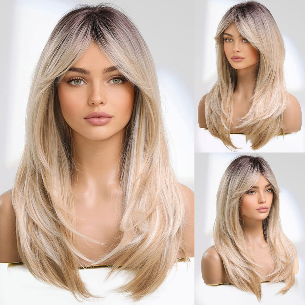 Unisex Blonde Wig For Women Medium Length With Bangs Heat Resistant Synthetic Fiber Natural Look