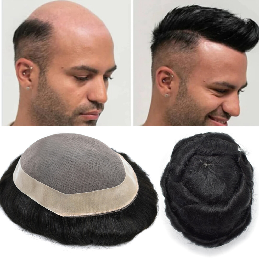 Unisex Black Mens Human Hair Toupee 9X11 Mono Base With Poly Perimeter Off 1B Natural Hairline Design