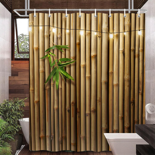 Cortina de chuveiro de bambu, design zen japonês 3D para banheiro, cortina de tecido com ganchos, 183 x 183 cm (72 x 72 polegadas)