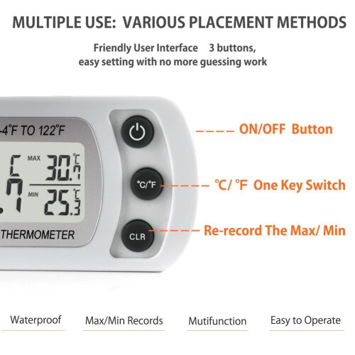 Refrigerator Fridge Thermometer Digital Freezer Room Thermometer Waterproof, Max/Min Record Function with Large LCD Display ( White, 1) 1