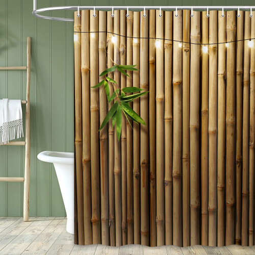 Cortina de chuveiro de bambu, design zen japonês 3D para banheiro, cortina de tecido com ganchos, 183 x 183 cm (72 x 72 polegadas) 1