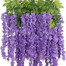 Paquete de 12 guirnaldas de flores de glicinia de color morado claro de 1,13 m (3,7 pies), flores artificiales de tela para colgar, ideales para