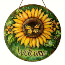 Placa de boas-vindas com desenho de borboleta e girassol, compatível com decoração rústica - Enfeite de parede de madeira multiuso para porta,
