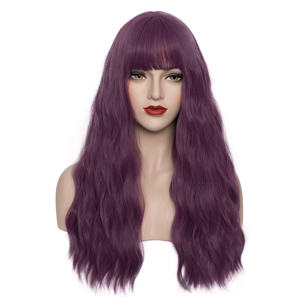 Long Purple Wig with Bangs for Women, Curly Heat Resistant Cosplay Wig for Halloween Party