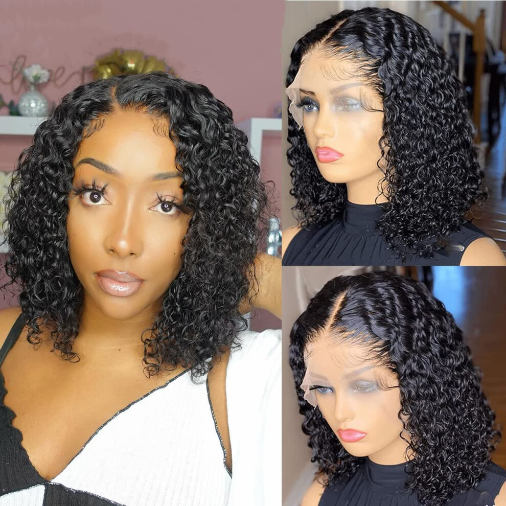 Unisex Black 13X4 Hd Lace Front Human Hair Short Curly Bob Wig For Women, Brazilian Virgin Hair, Natural Hairline, 10 Inch